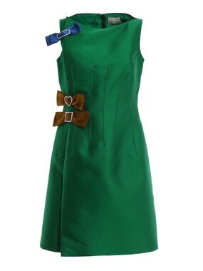 Lanvin Emerald Green Sleeveless A-Line Dress with Blue and Brown Bow Accents